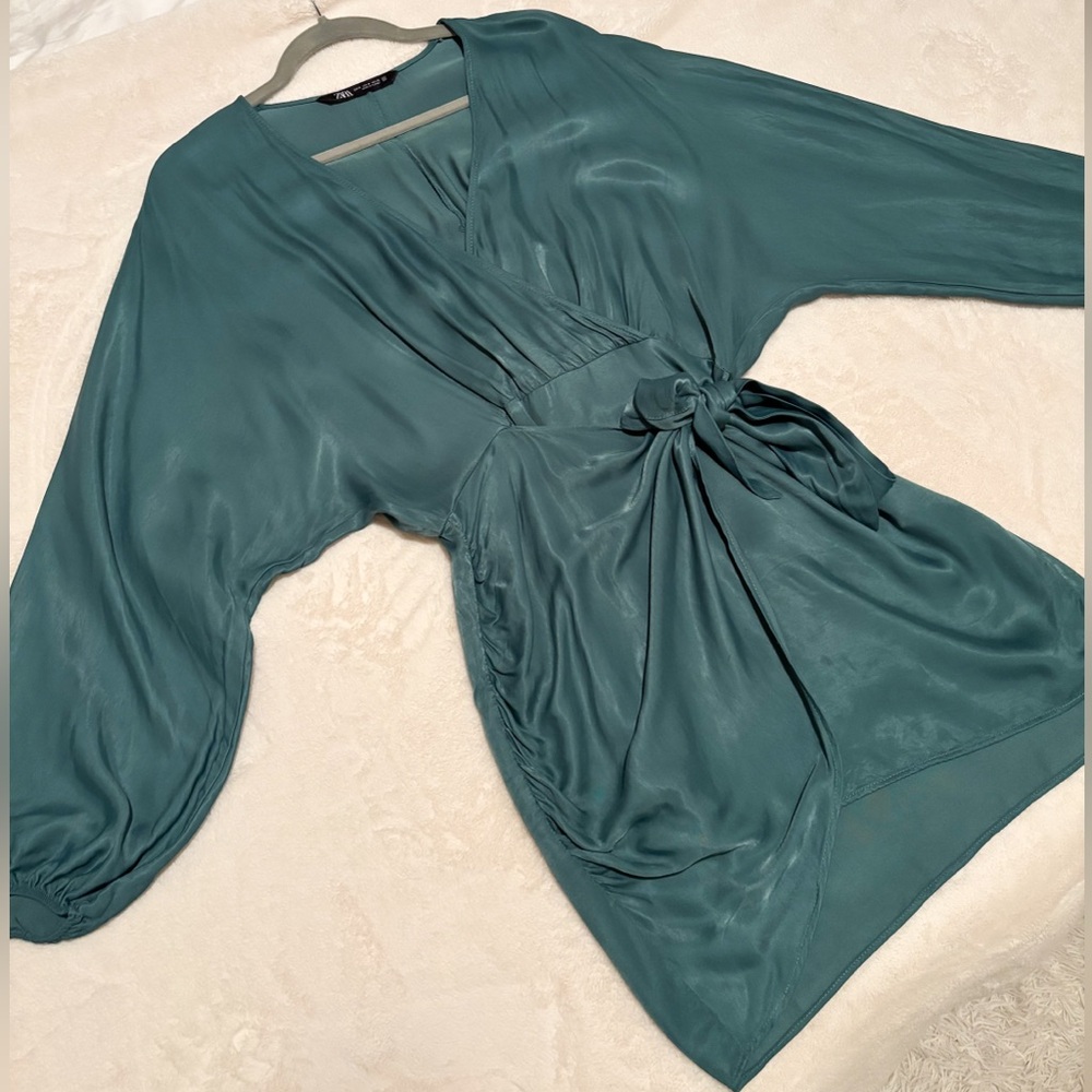 Zara Green Wrap Mini Dress Long Sleeve Tie Waist Size M - Picture 6 of 11
